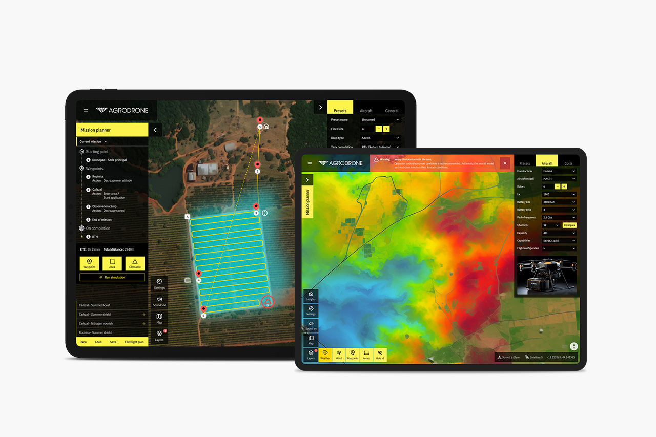 Agrodrone app - 2 screens showing different functionalities.