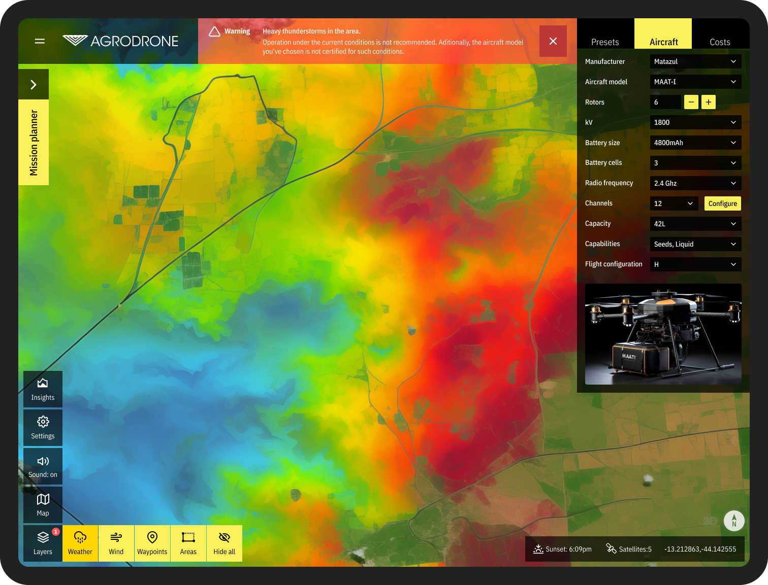Agrodrone crop dust with drones app on an iPad - weather view