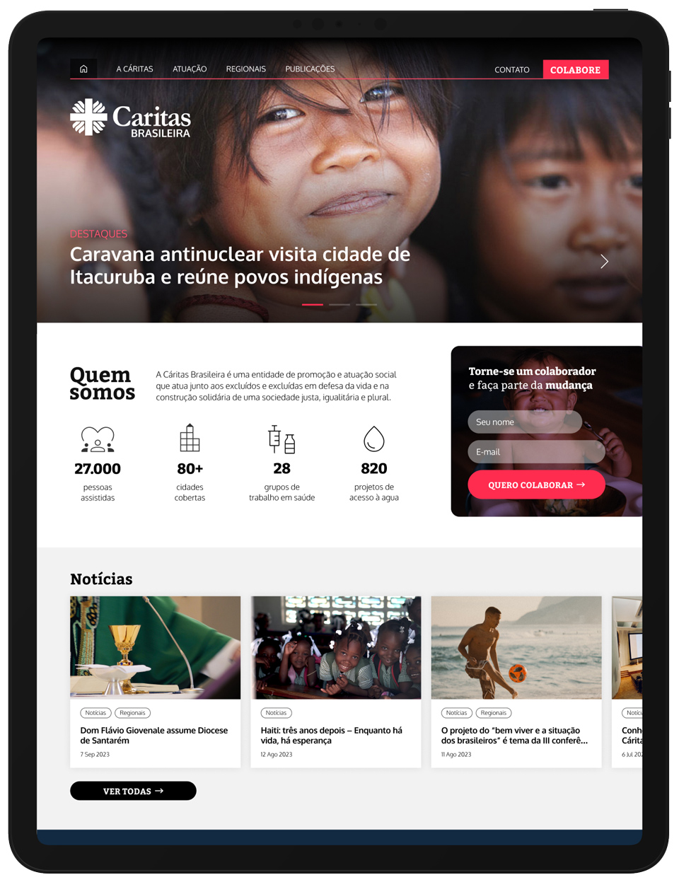 Caritas website - landing page shown on iPad