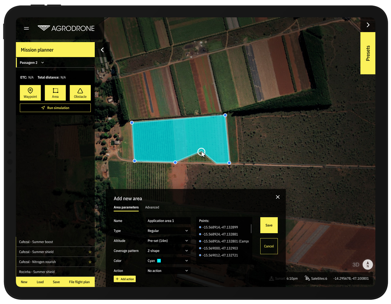 Mission planner on tablet: drawing an application area on the field map, with coverage pattern and altitude settings