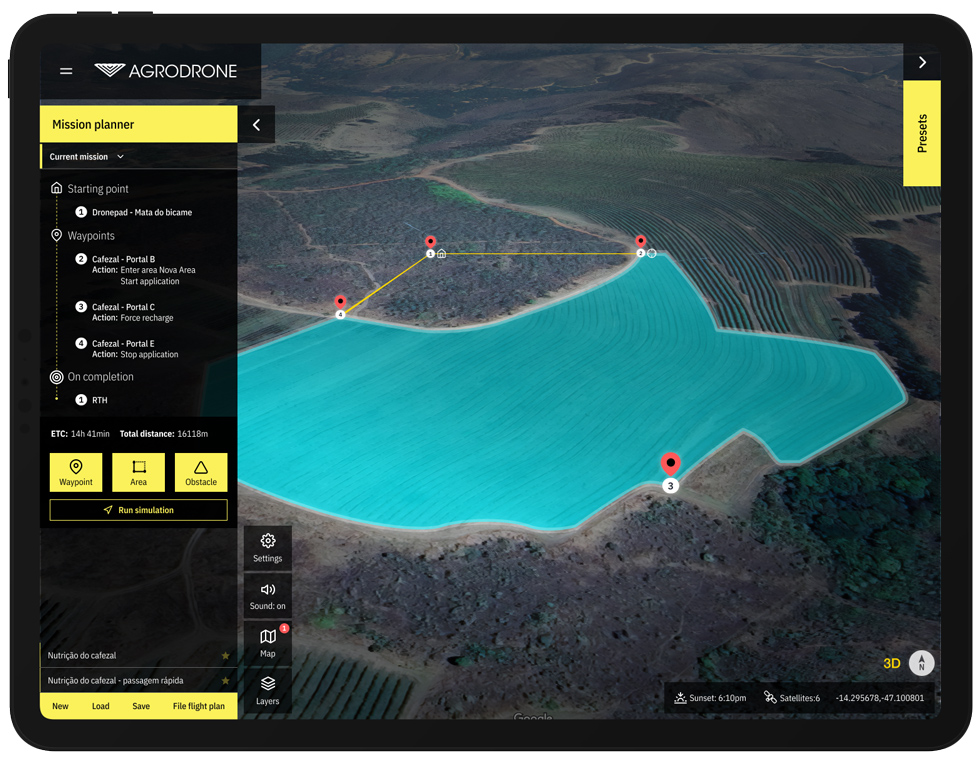 A flight path with waypoints and actions plotted over an aerial view of the field