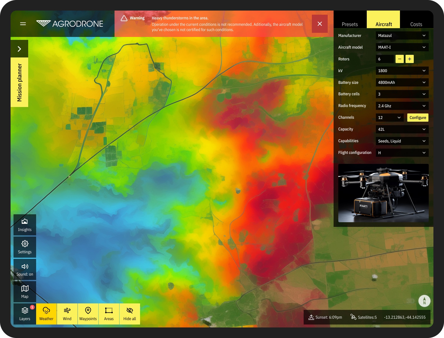 A weather heat-map overlay flagging a thunderstorm warning over the flight area, next to aircraft configuration settings