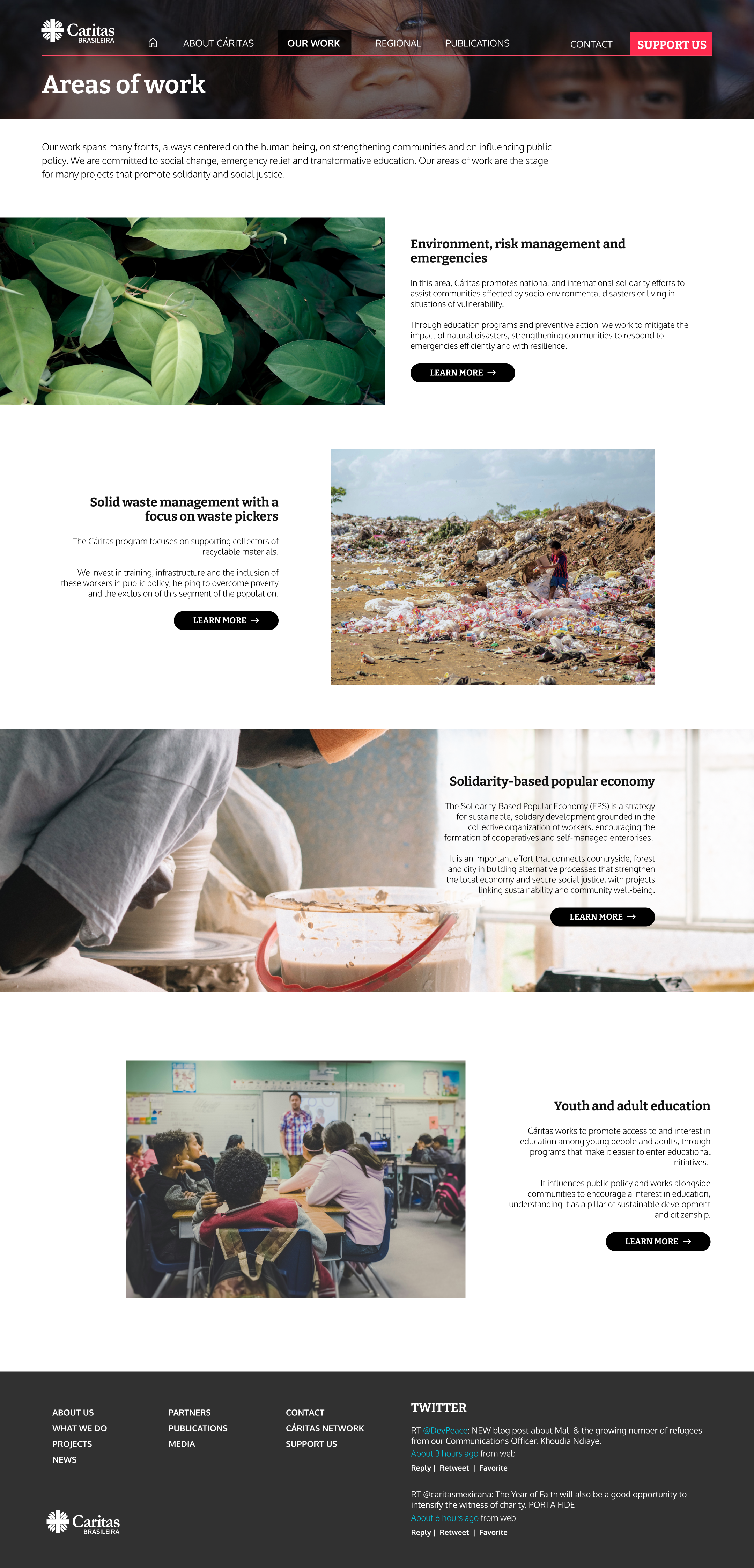 The Areas of work page: environment and emergencies, solid waste management with waste pickers, the solidarity-based popular economy, and youth and adult education