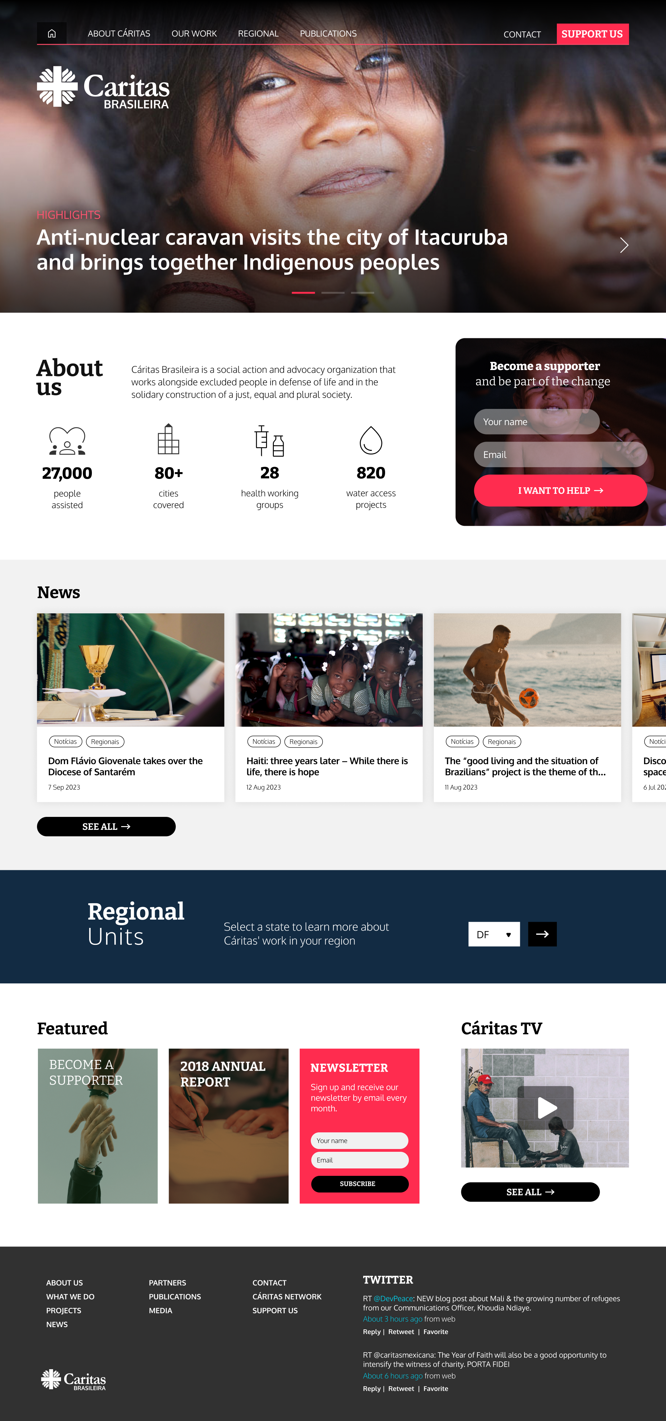 The full Caritas Brasileira homepage: featured story, impact numbers, supporter form, news, and regional units