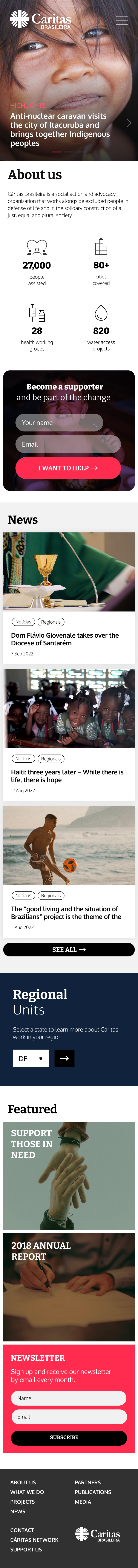 The full Caritas homepage on mobile, from the featured story and impact numbers to news, regional units, and the donation call to action