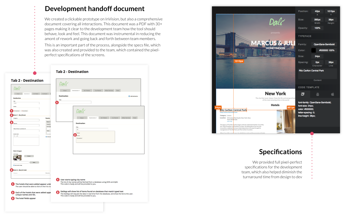 Development handoff documentation and specs for Dalí