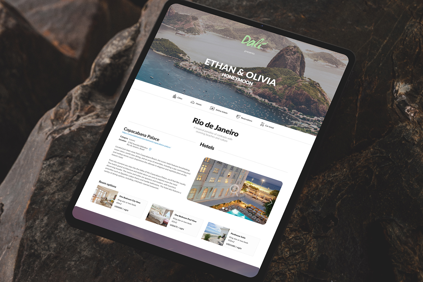 An iPad on stones running the Dalí trip-planning system