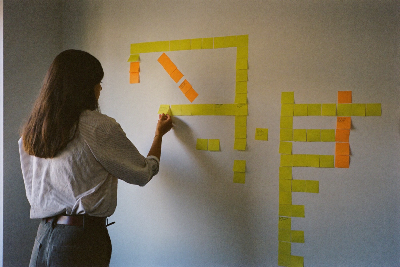 A wall filled with sticky notes during the how-might-we session