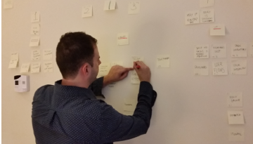 Affinity mapping: clustering interview notes on a wall of sticky notes