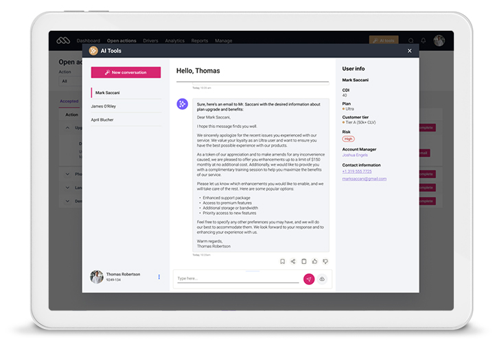 An AI-drafted response to a high-risk customer, with the customer's plan, lifetime value, and account manager shown alongside