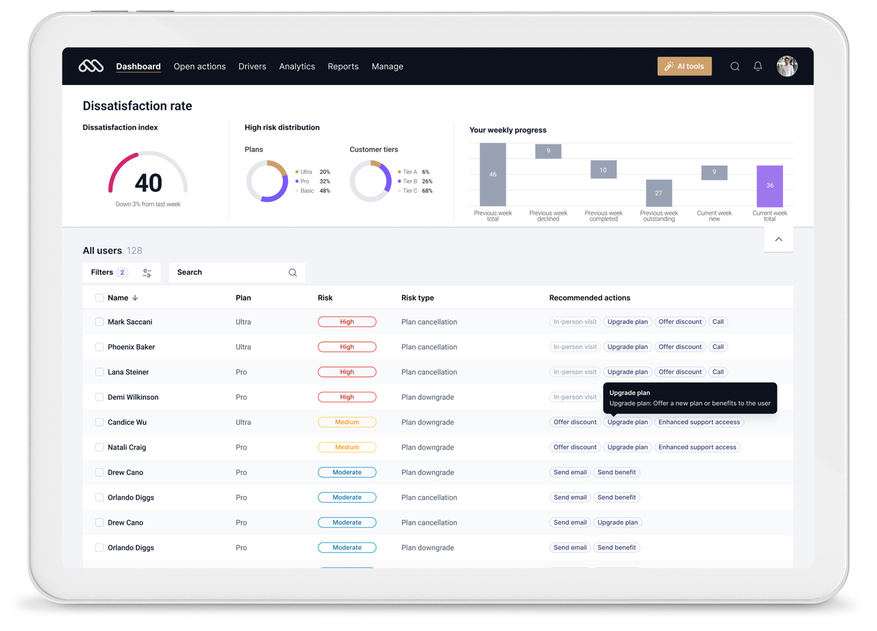 The main dashboard: dissatisfaction index, high-risk distribution by plan and tier, weekly progress, and a list of at-risk users with recommended actions