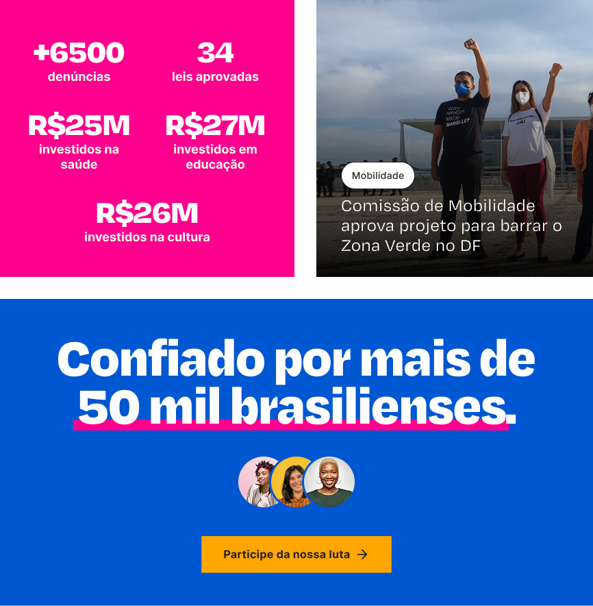 Building blocks of the homepage: the pink stats band, a tagged news card, and the blue trust band with a call to action