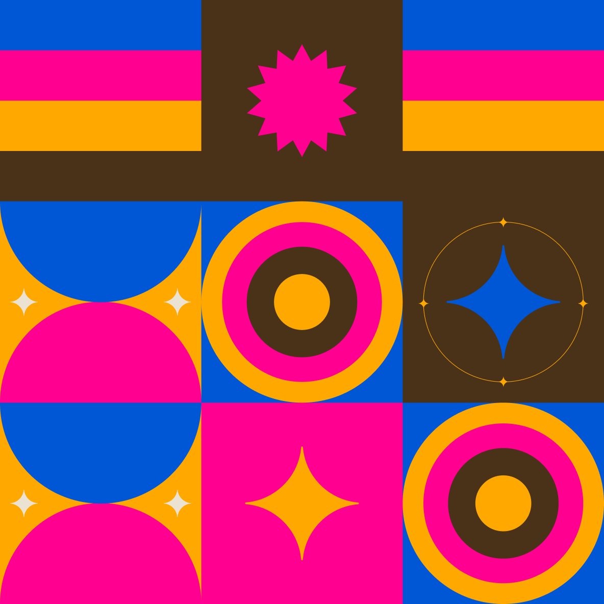 Brand pattern tiles built from the campaign's shapes and colors