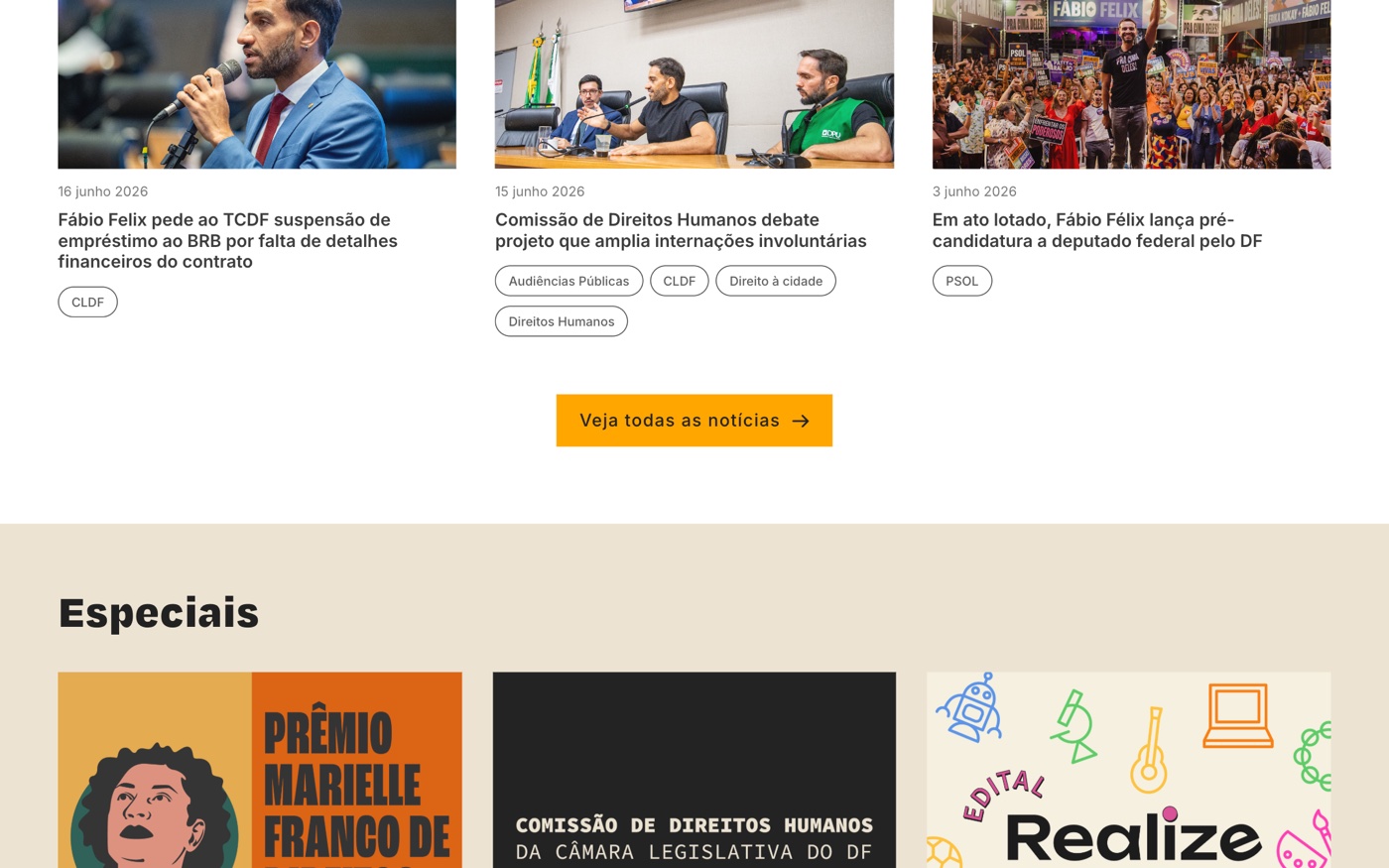 Tagged news grid and the Especiais section hosting recurring initiatives