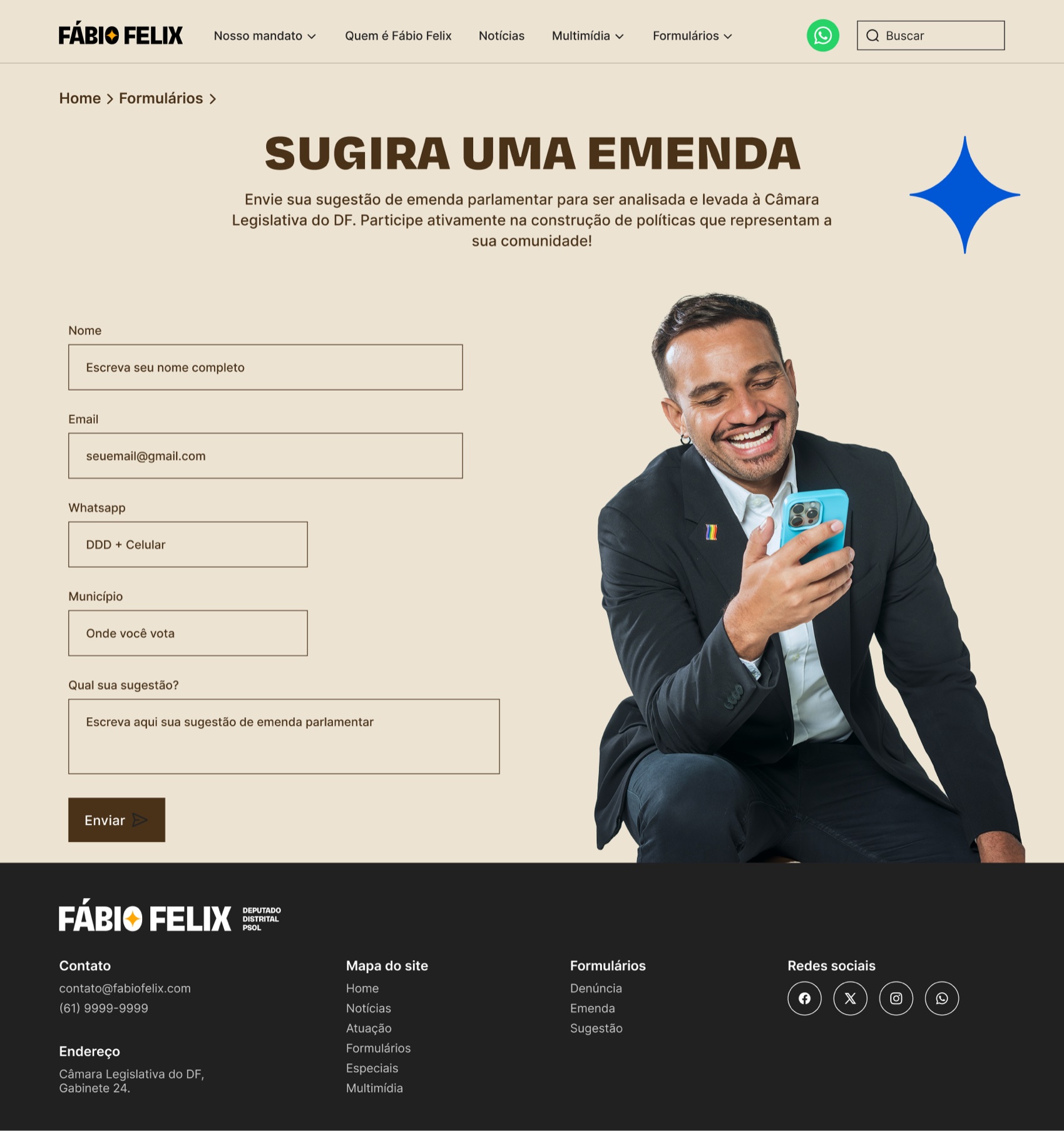 The amendment suggestion form (formulario de emendas) on tablet, where constituents propose how public funds should be used