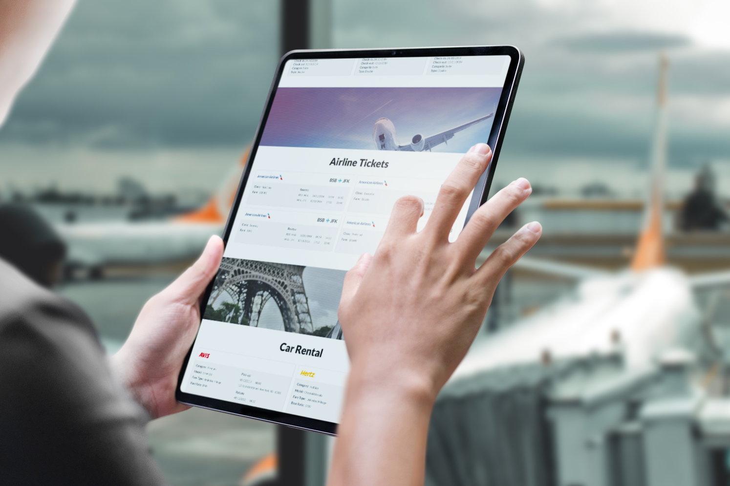 A traveller holding an iPad running the Dalí trip-planning system at an airport