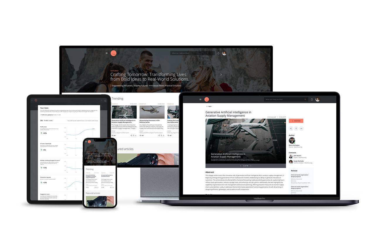 The knowledge portal across laptop, tablet, and phone: the featured article, trending credentials, and a personal stats dashboard