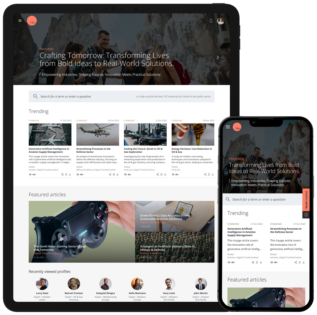The portal's home on tablet and phone: a featured story, trending credentials, and featured articles with recently viewed profiles