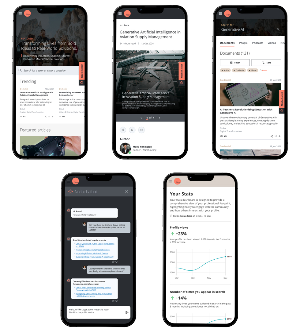 Five phone screens: the home feed, an article reader, search results, the Noah chatbot answering a question, and the personal stats dashboard