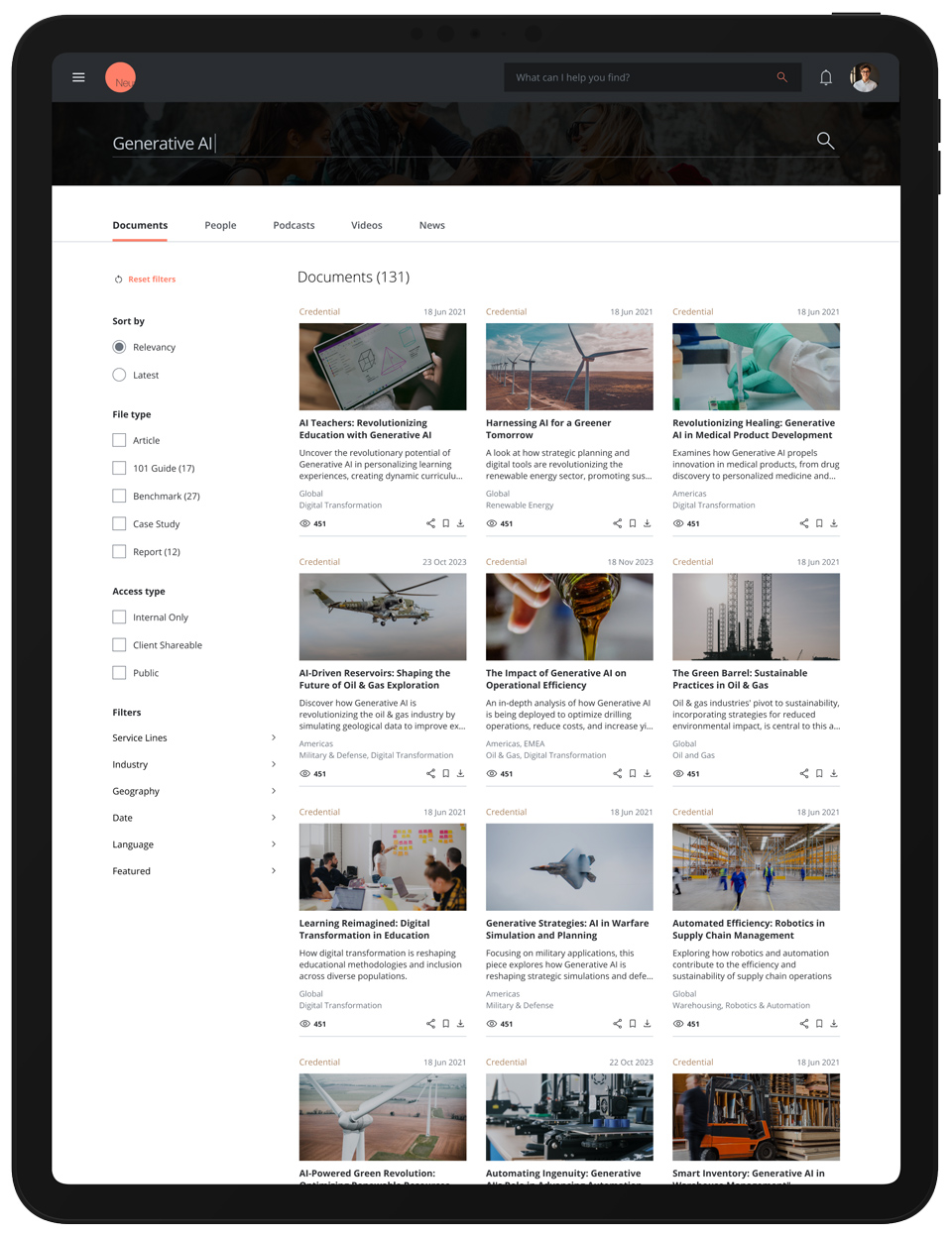 Search results for 'Generative AI' on tablet, with filters for file type, access type, service line, industry, and geography