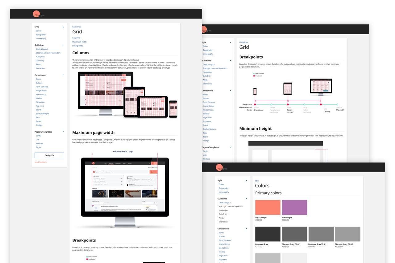 Design system documentation: grid columns, breakpoints, maximum page width, and color tokens