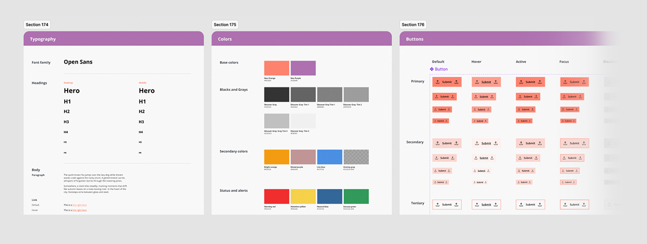 Design system specs for typography, color palette, and button component states