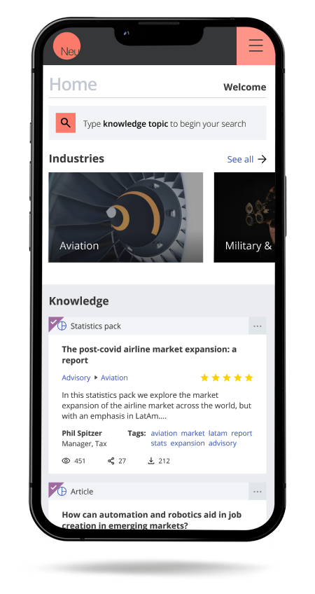 The same home feed on a phone, industries and knowledge cards with ratings