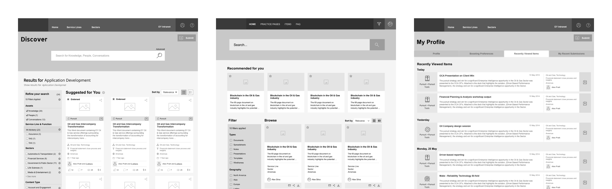 Low-fidelity desktop wireframes: search results, recommended content, and the profile's recently viewed items