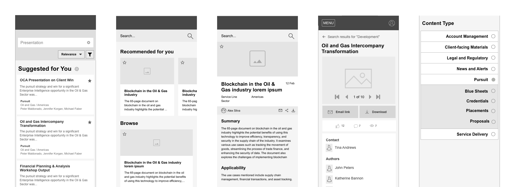 Low-fidelity mobile wireframes: suggested content, search results, a document detail page, and content-type filters