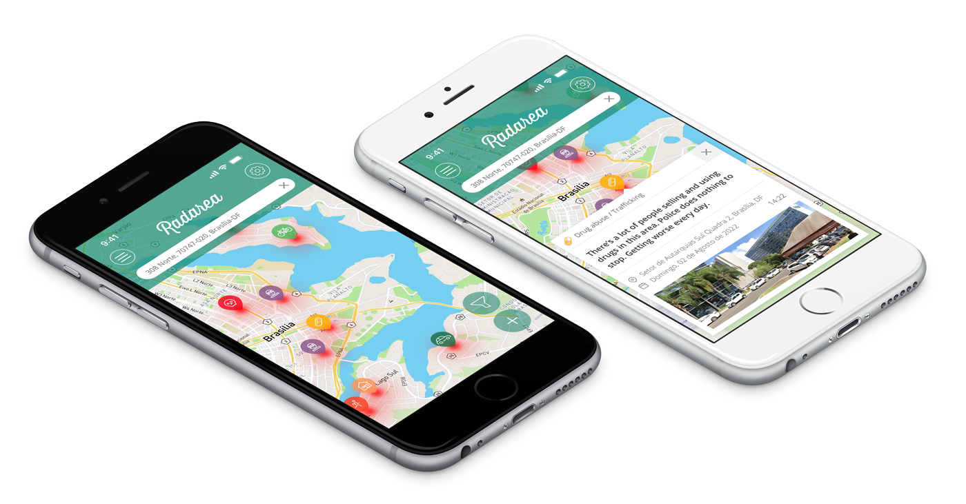 The incident map and a submitted report with a photo, shown across two phones