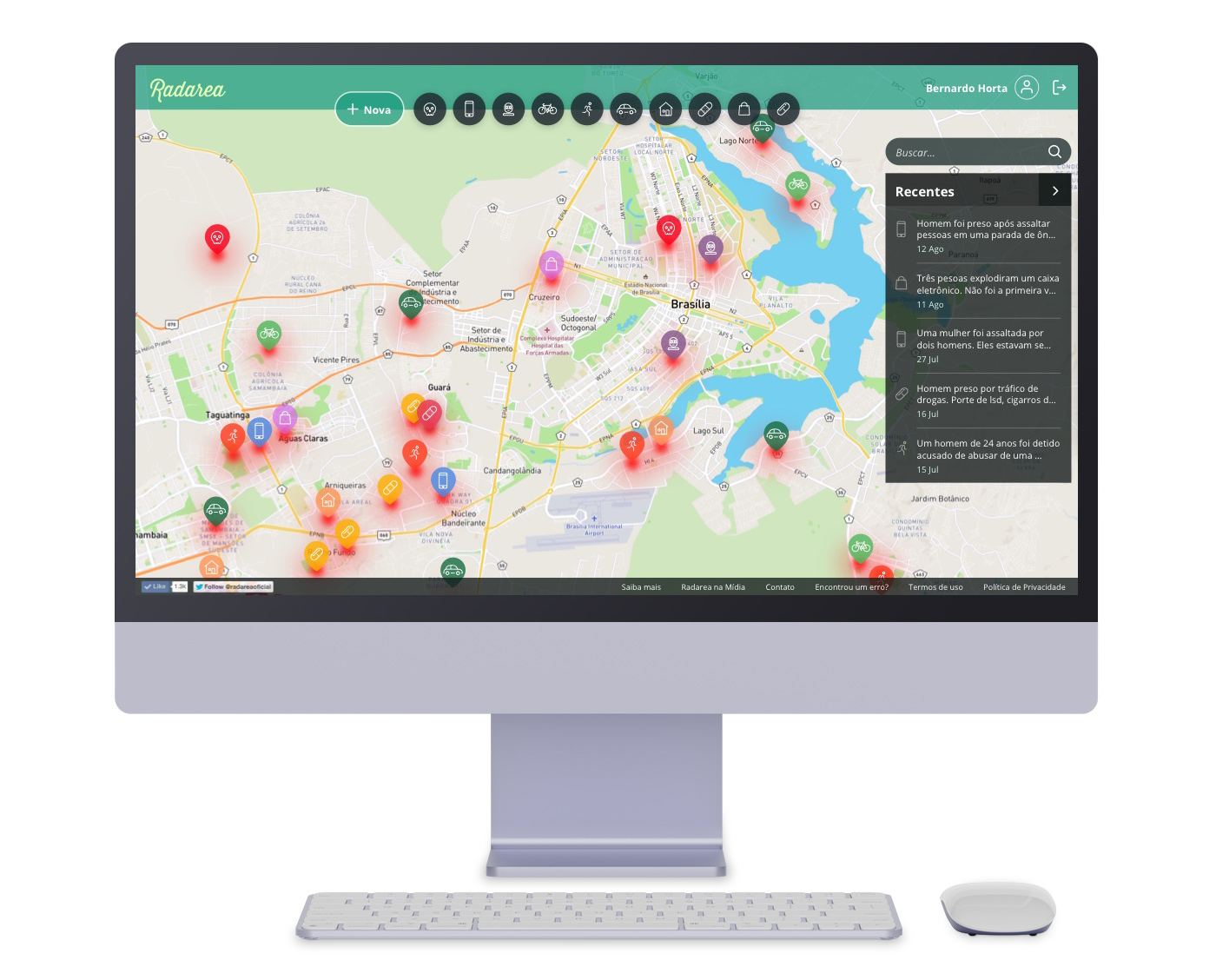 The Radarea website on desktop: the incident map with category filters and a feed of recent reports